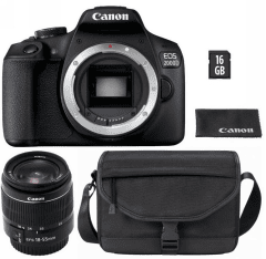 מצלמה DSLR עם עדשה, תיק וכרטיס זיכרון Canon EOS 2000D + EF-S 18-55mm lens + Bag and 16GB SD 